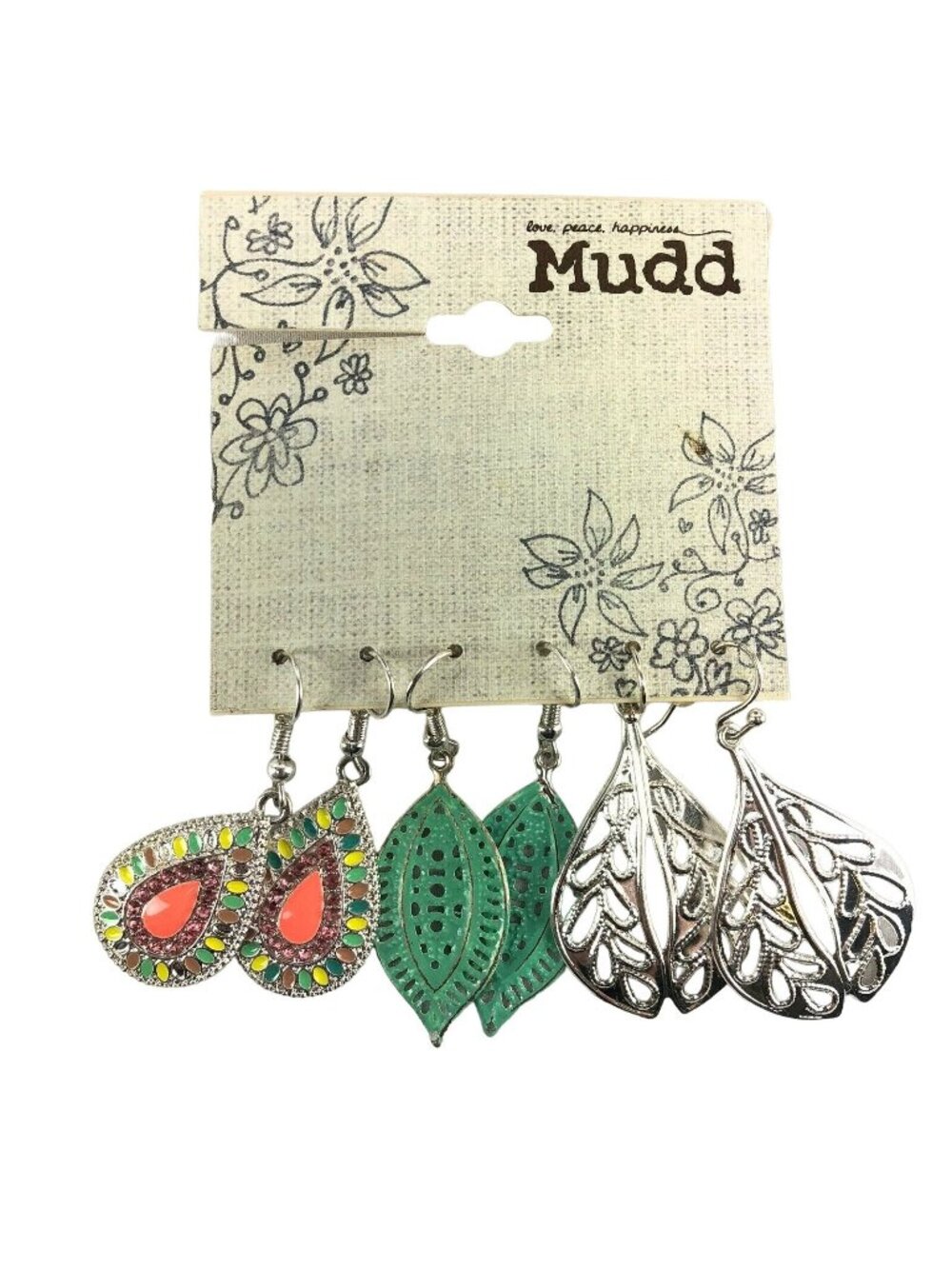 Mudd Earrings 3 Pairs Silver-tone Enamel Bohemian Style Teardrop Dangle
